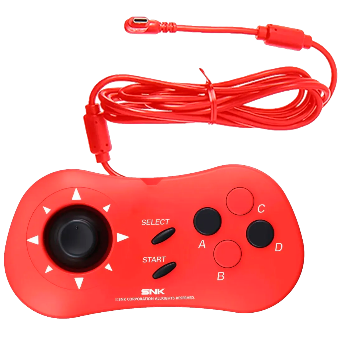 Un mando de juego SNK rojo con botones y cruceta. El fondo es blanco.