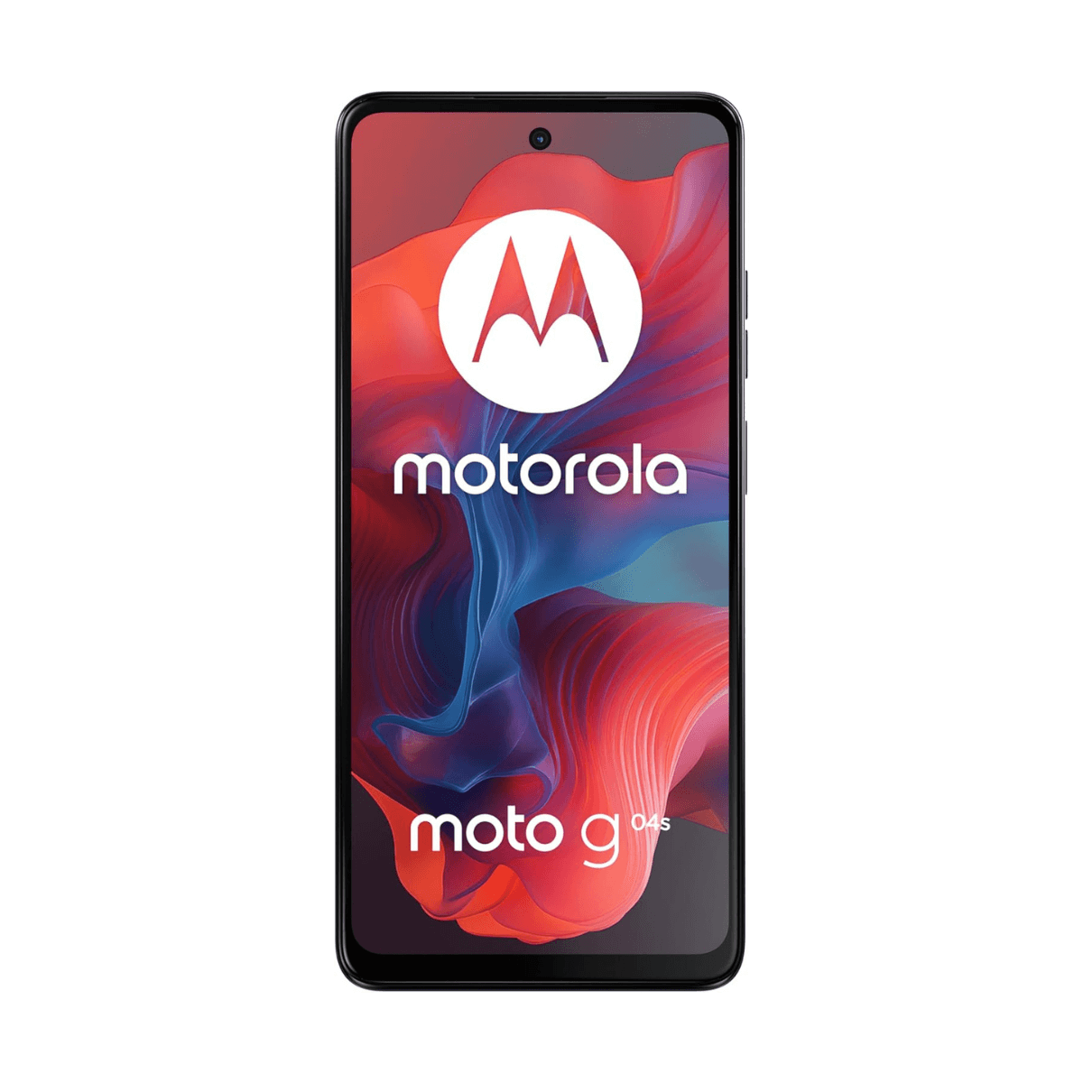 Smartfon Motorola wyświetla żywy ekran z czerwonym i niebieskim tłem oraz logo.