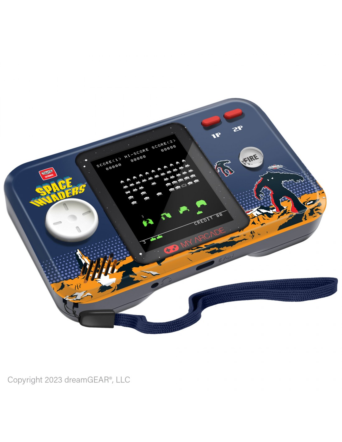 Consola de juegos arcade portátil azul, que muestra Space Invaders. Tiene un joystick blanco y un botón 'fuego' rojo.