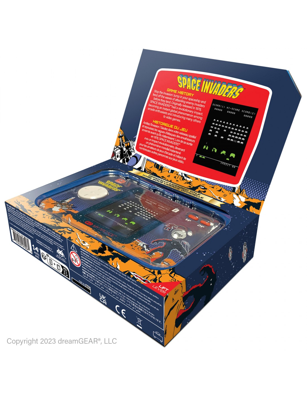 Caja del juego Space Invaders abierta, mostrando elementos y texto del juego.