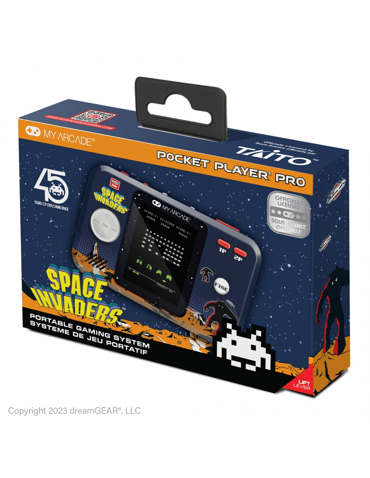 Consola Space Invaders en caja con asa. La caja es azul marino y tiene una escena del juego.