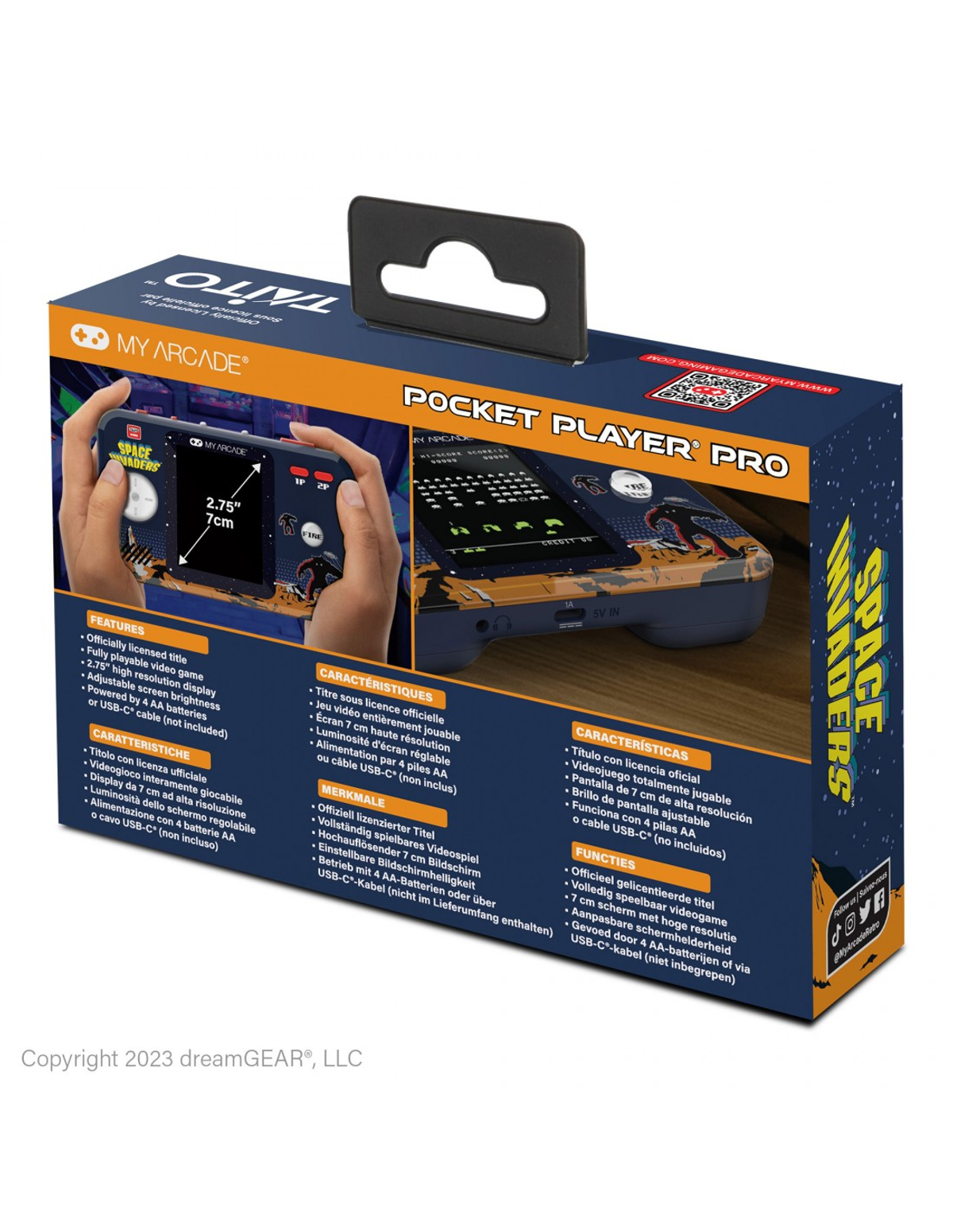 Caja de consola de juegos con imagen de consola y texto. Incluye el nombre 'Pocket Player Pro'.