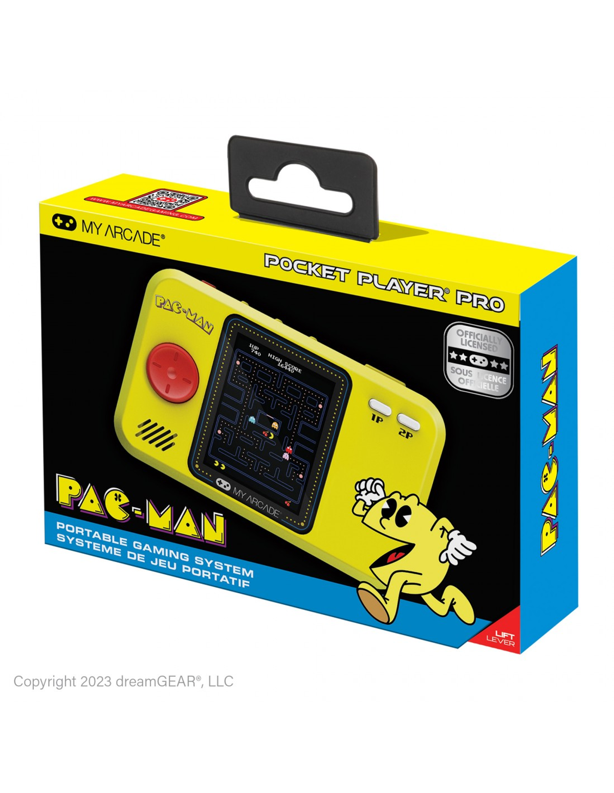 Juego portátil Pac-Man amarillo en caja. Muestra a Pac-Man, pantalla del juego y texto.