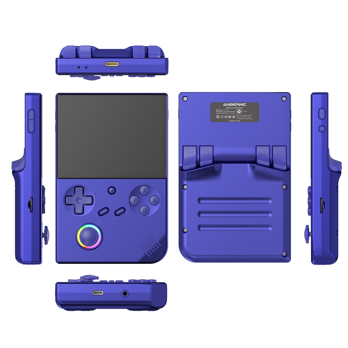 Una console di gioco portatile blu. Diverse viste mostrano i pulsanti, lo schermo e le porte del dispositivo.