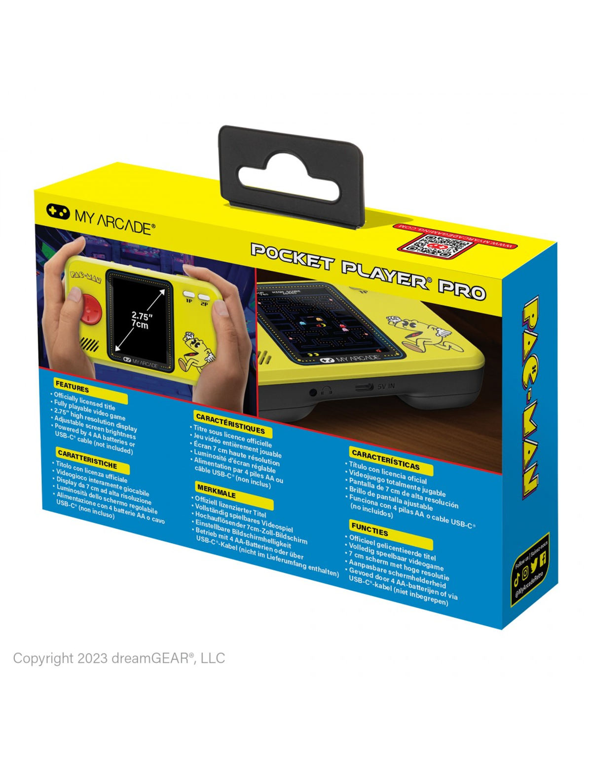 Caja amarilla del juego Pac-Man con asa, mostrando el juego y sus características.
