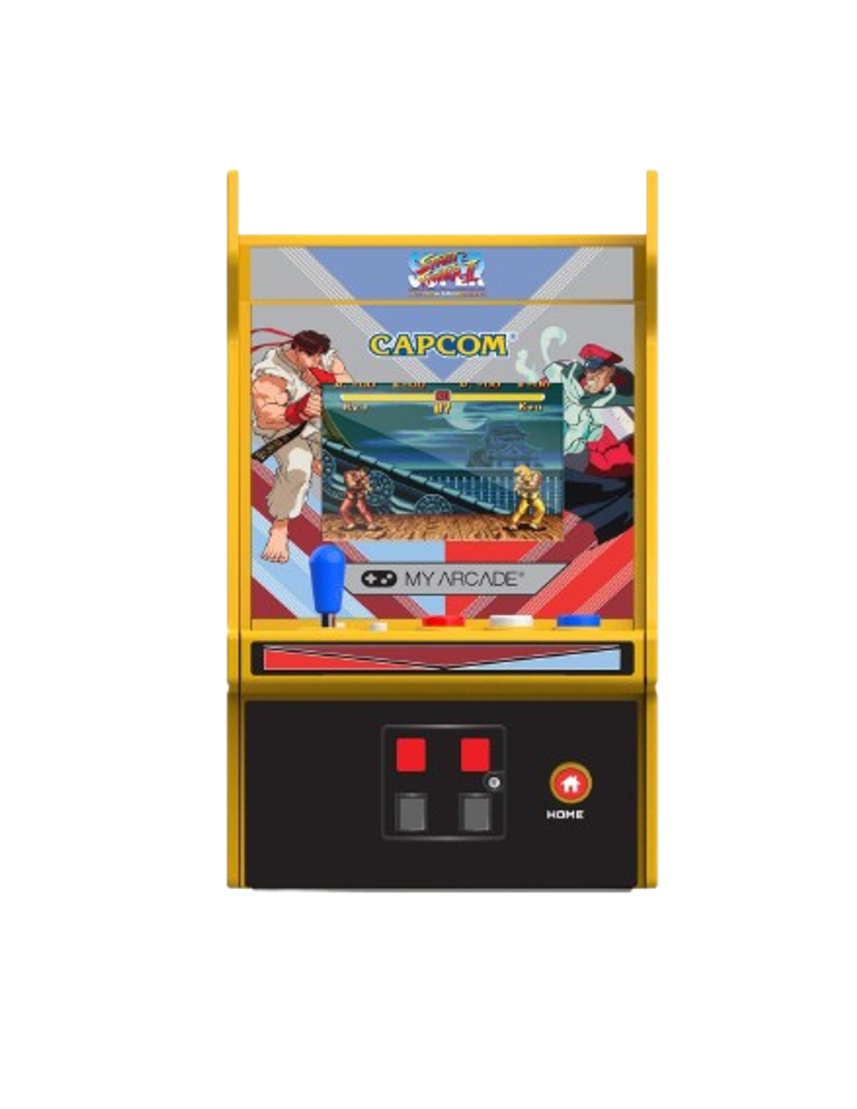 Mini automat do gier, żółty z ekranem gry z postaciami Street Fighter.