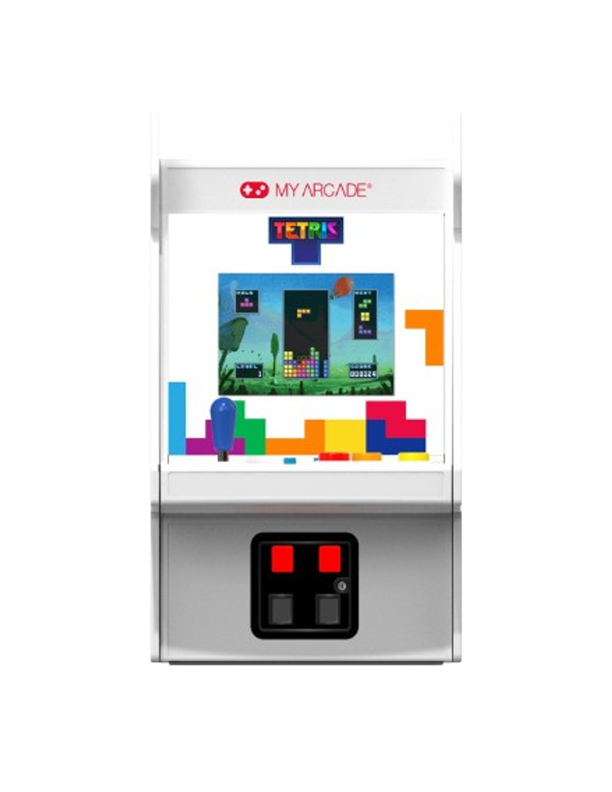 Biała maszyna arcade My Arcade Tetris. Pokazuje grę Tetris na ekranie.