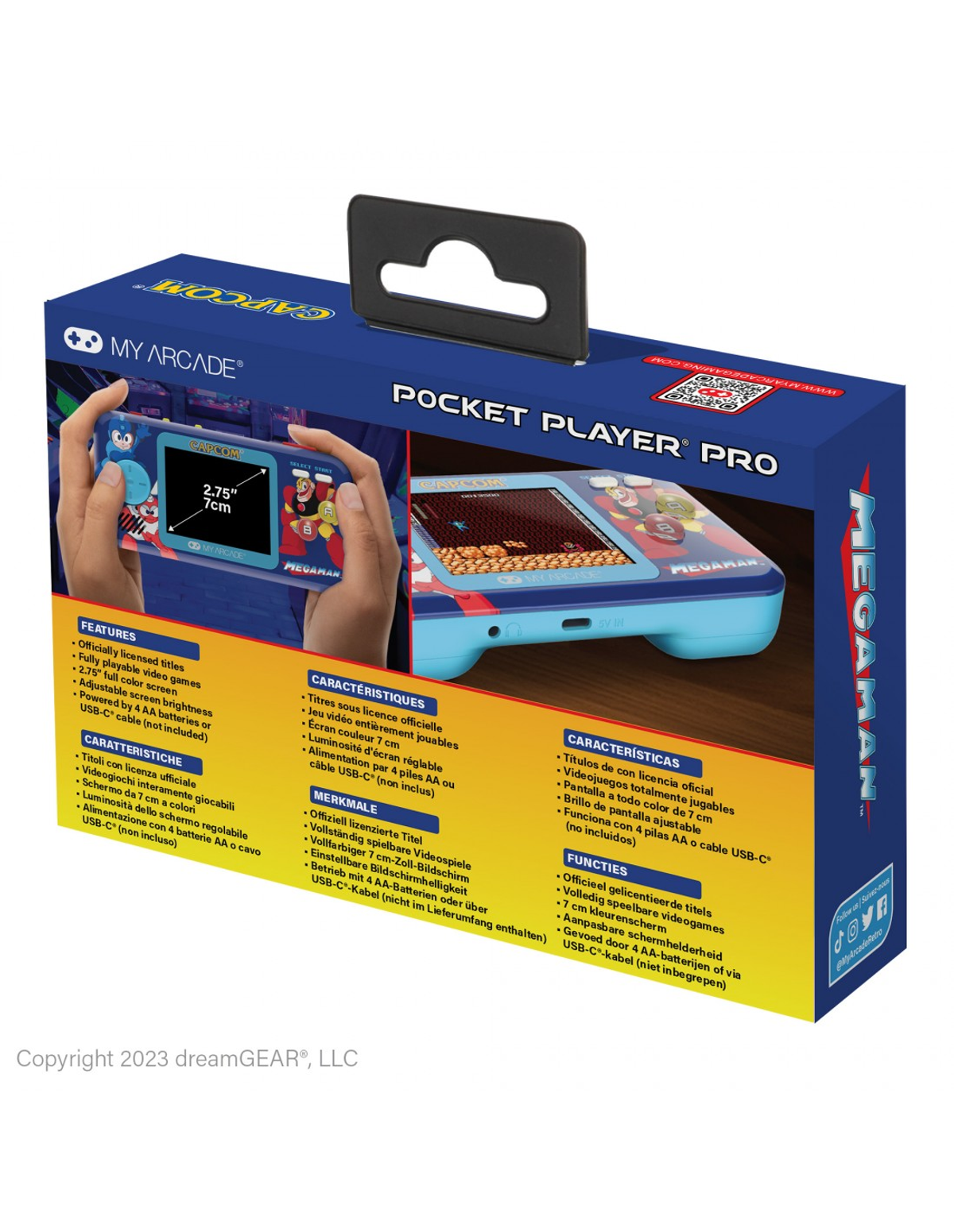 Pudełko z przenośną konsolą do gier w środku. Pudełko ma zdjęcia konsoli i tekst.