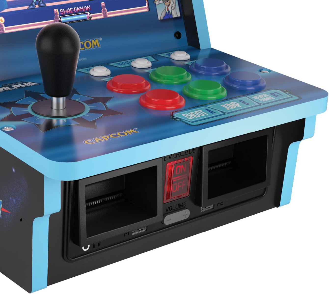 Detalle de consola de juegos arcade, mostrando controles y pantalla. Colores azul y negro.