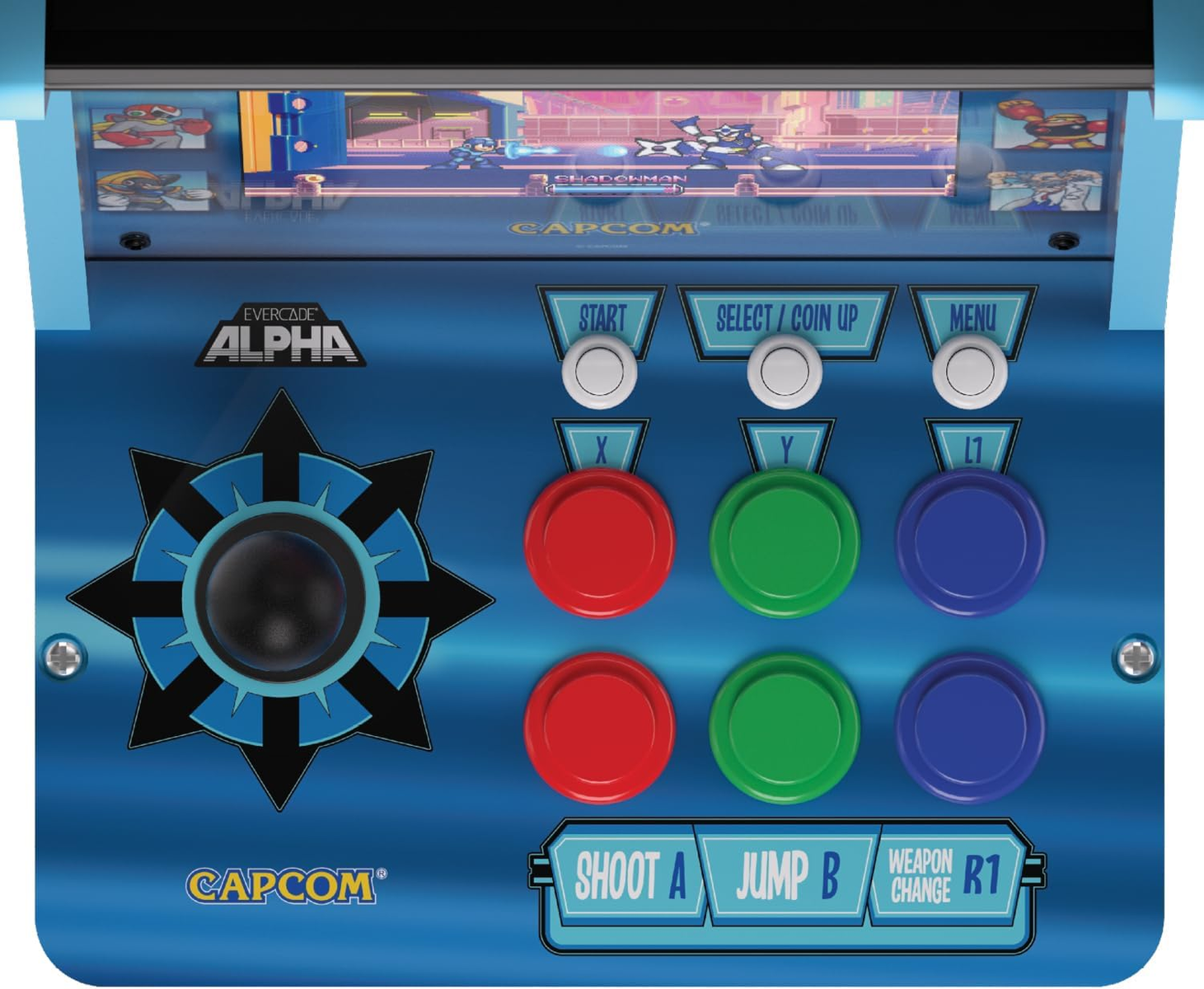 Primer plano de un panel de control de máquina arcade retro azul con botones y un joystick.