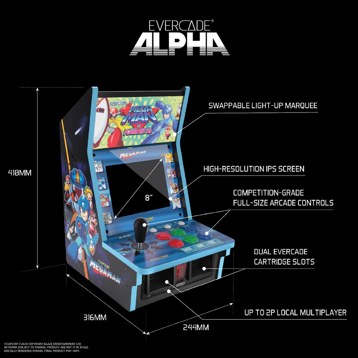 Consola de juegos portátil estilo arcade. Pantalla, controles y ranuras para cartuchos. Texto: Evercade Alpha.