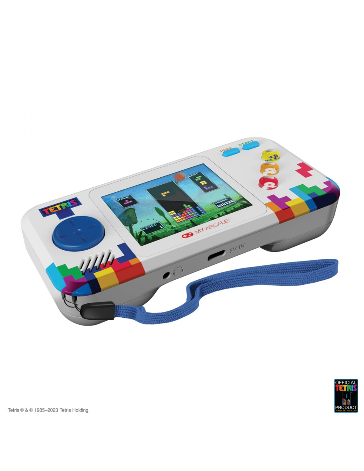 Biała konsola do gier przenośnych z grą Tetris na ekranie. Posiada niebieskie elementy sterujące i kolorowe klocki.