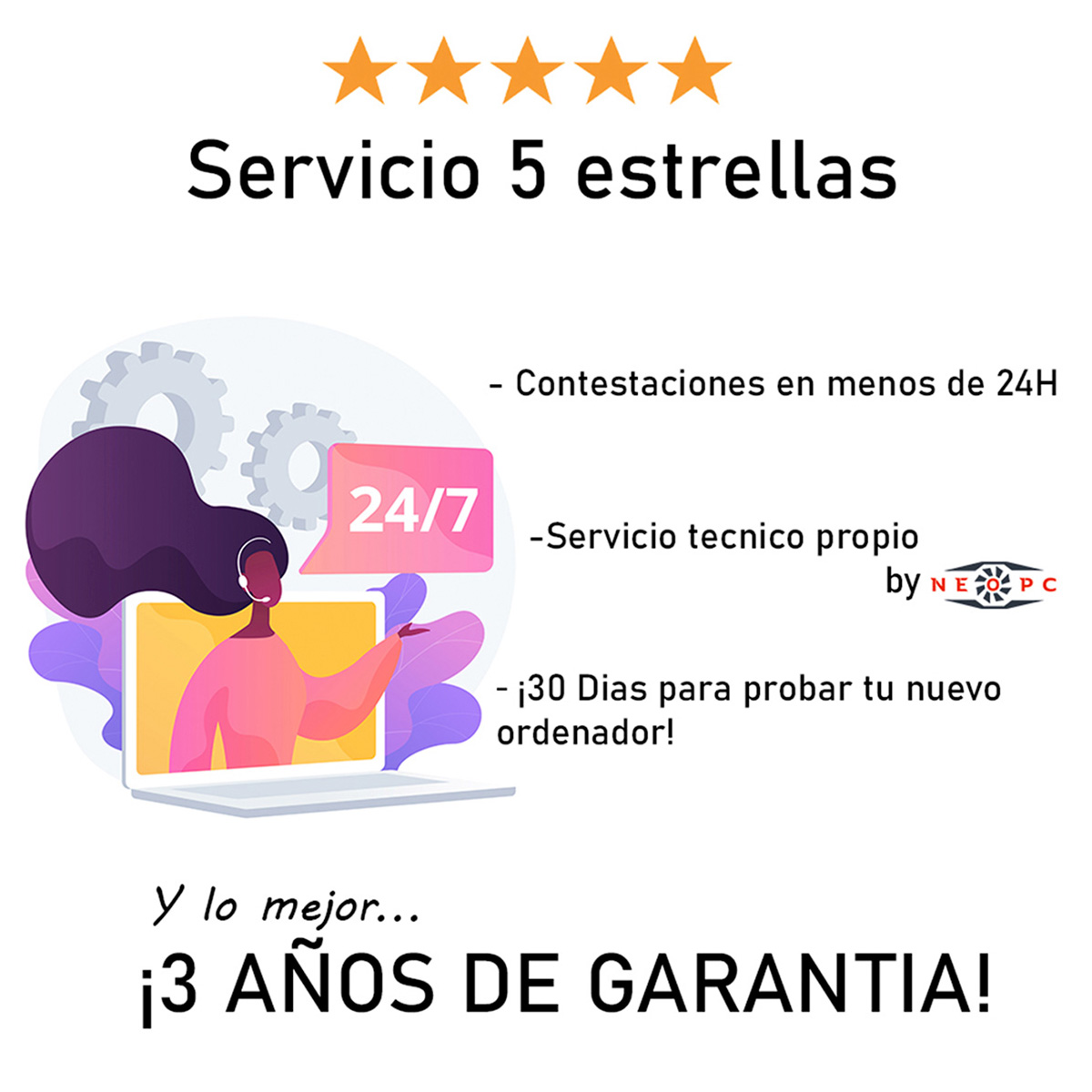 Gráfico con estrellas y texto. Mujer en portátil con bocadillo. Texto menciona servicio 24/7.