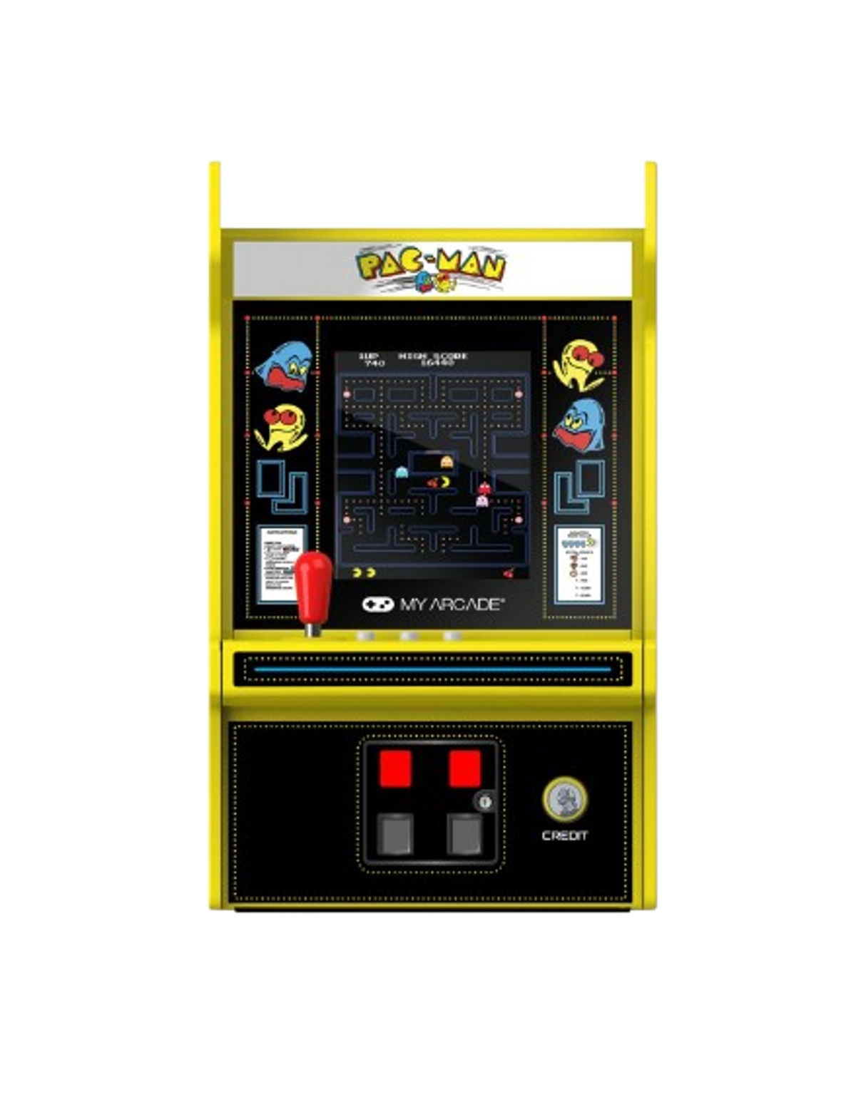 Żółta maszyna do gier retro. Ma ekran pokazujący grę wideo i przyciski.