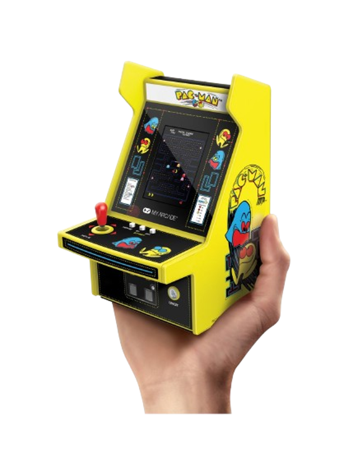 Ręka trzymająca małą grę zręcznościową Pac-Man. Jest żółta z joystickiem i ekranem gry.