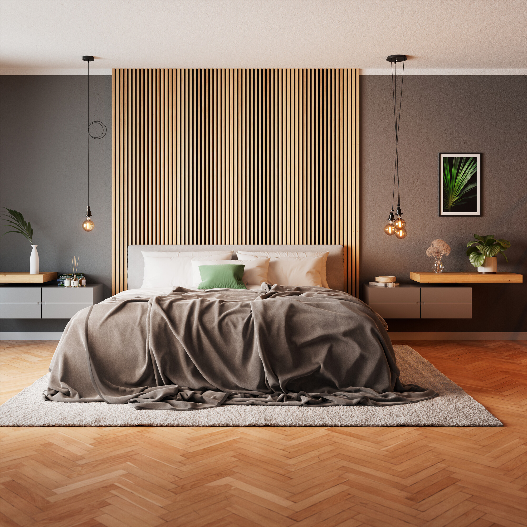Une chambre avec un lit, un grand panneau en bois sur le mur et deux tables de chevet.