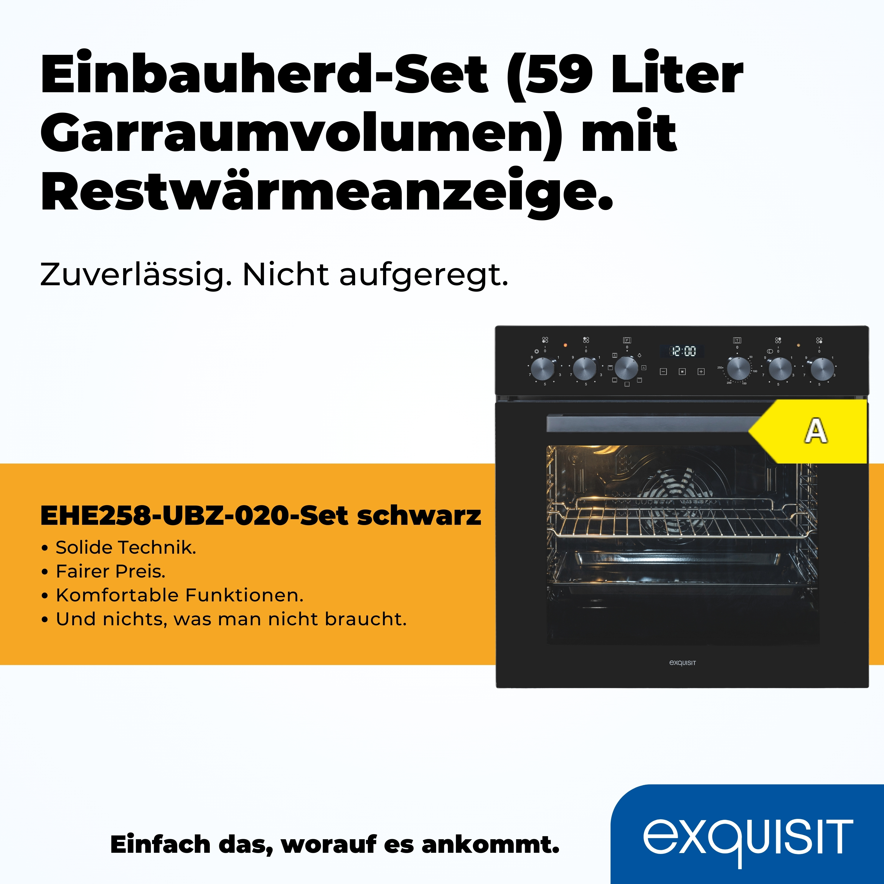 Schwarzer Backofen mit Text und Energielabel, mit Text zu seinen Eigenschaften.