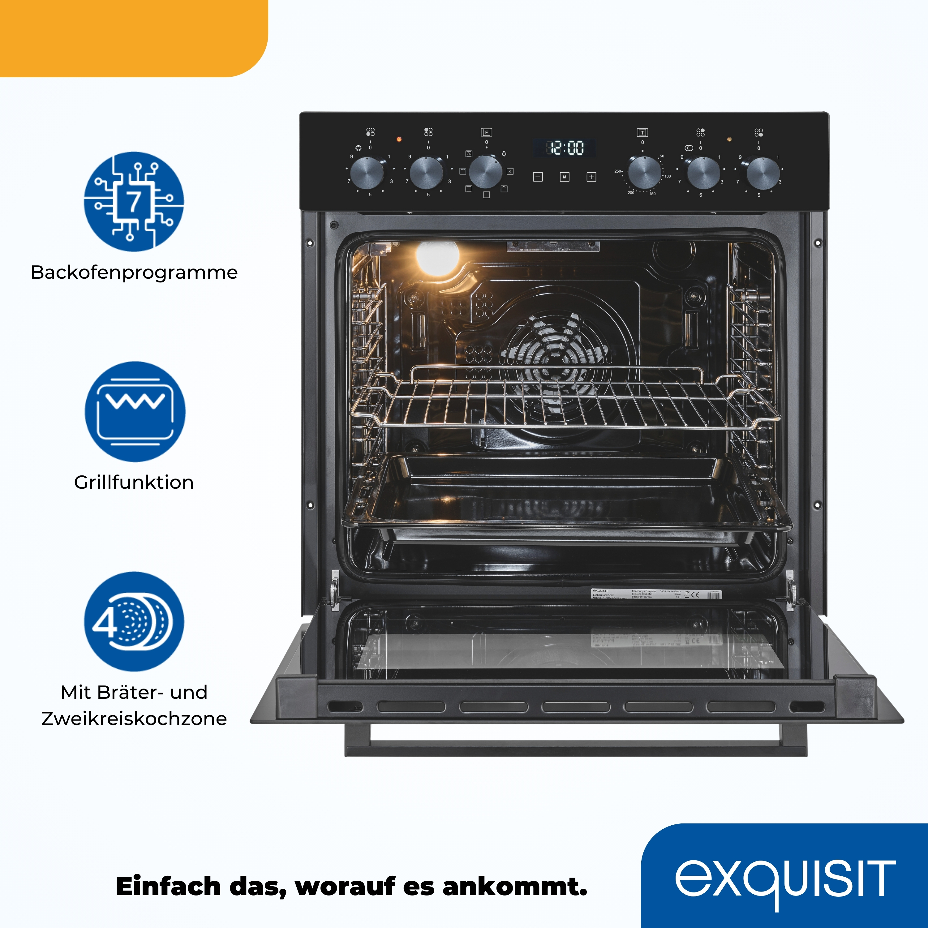Schwarzer Backofen mit offener Tür, Innenbeleuchtung und Bedienfeld.
