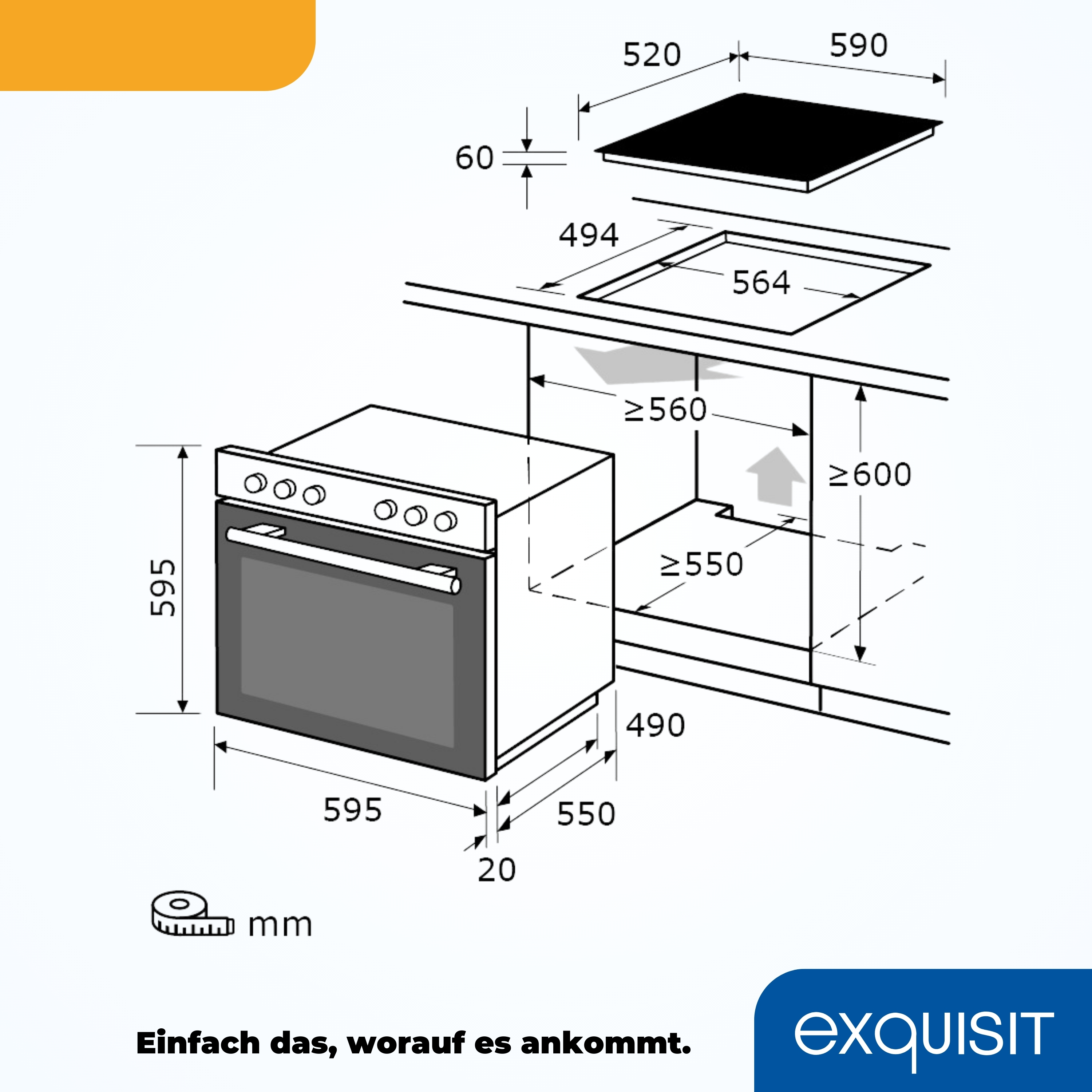 Ofen- und Kochfeld-Schema mit Maßen in mm und dem Exquisit-Logo.