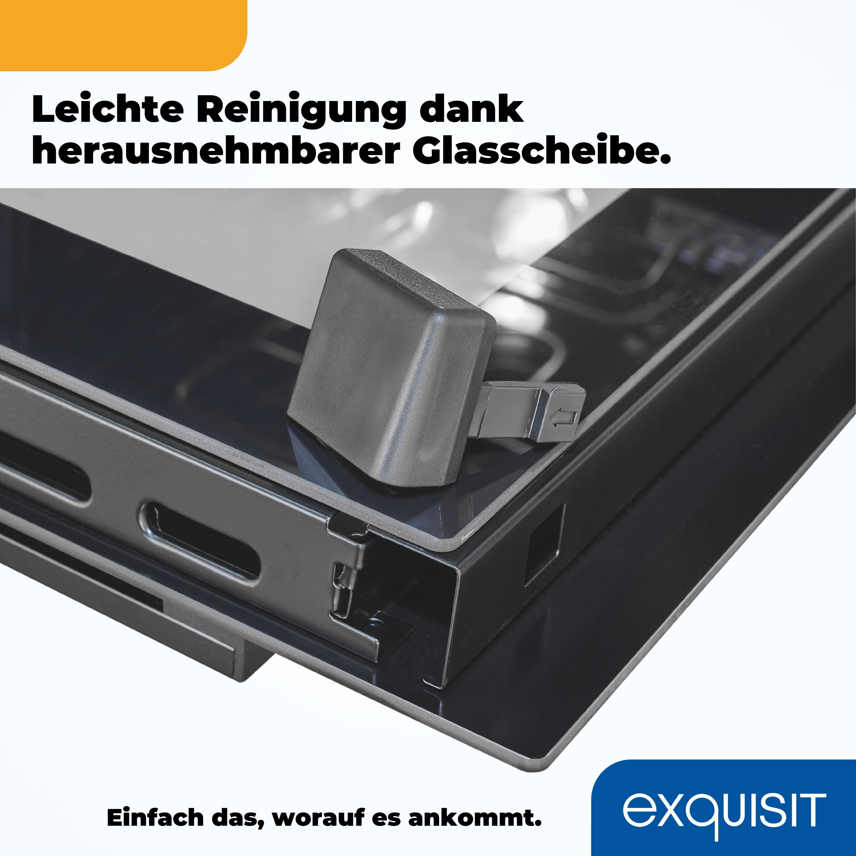 Nahaufnahme eines schwarzen Ofenteils mit abnehmbarem Glaselement. Text oben.