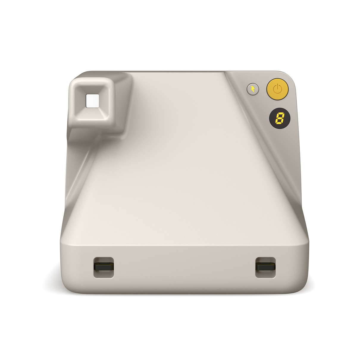 Jasnoszary aparat natychmiastowy z żółtym przyciskiem zasilania i wyświetlaczem 8.