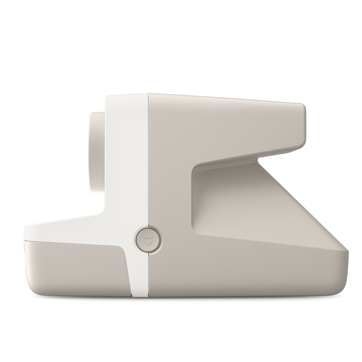 Beżowy i biały aparat Polaroid. Aparat jest boczny z przyciskiem.