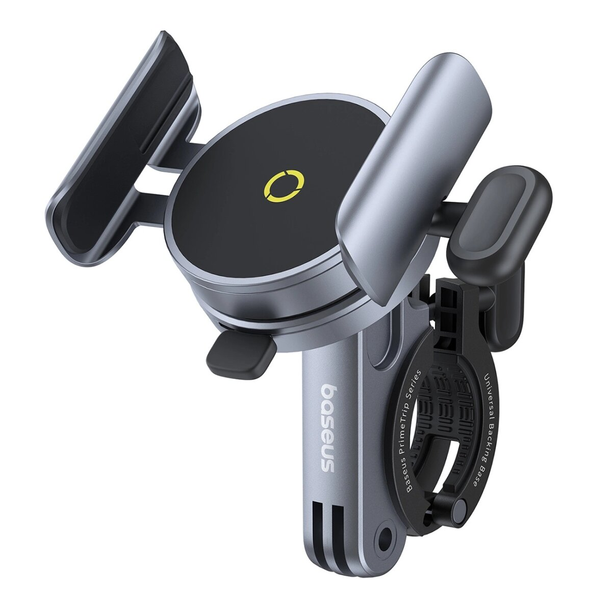 Supporto per telefono da auto. Il supporto è grigio e nero. Sfondo bianco.