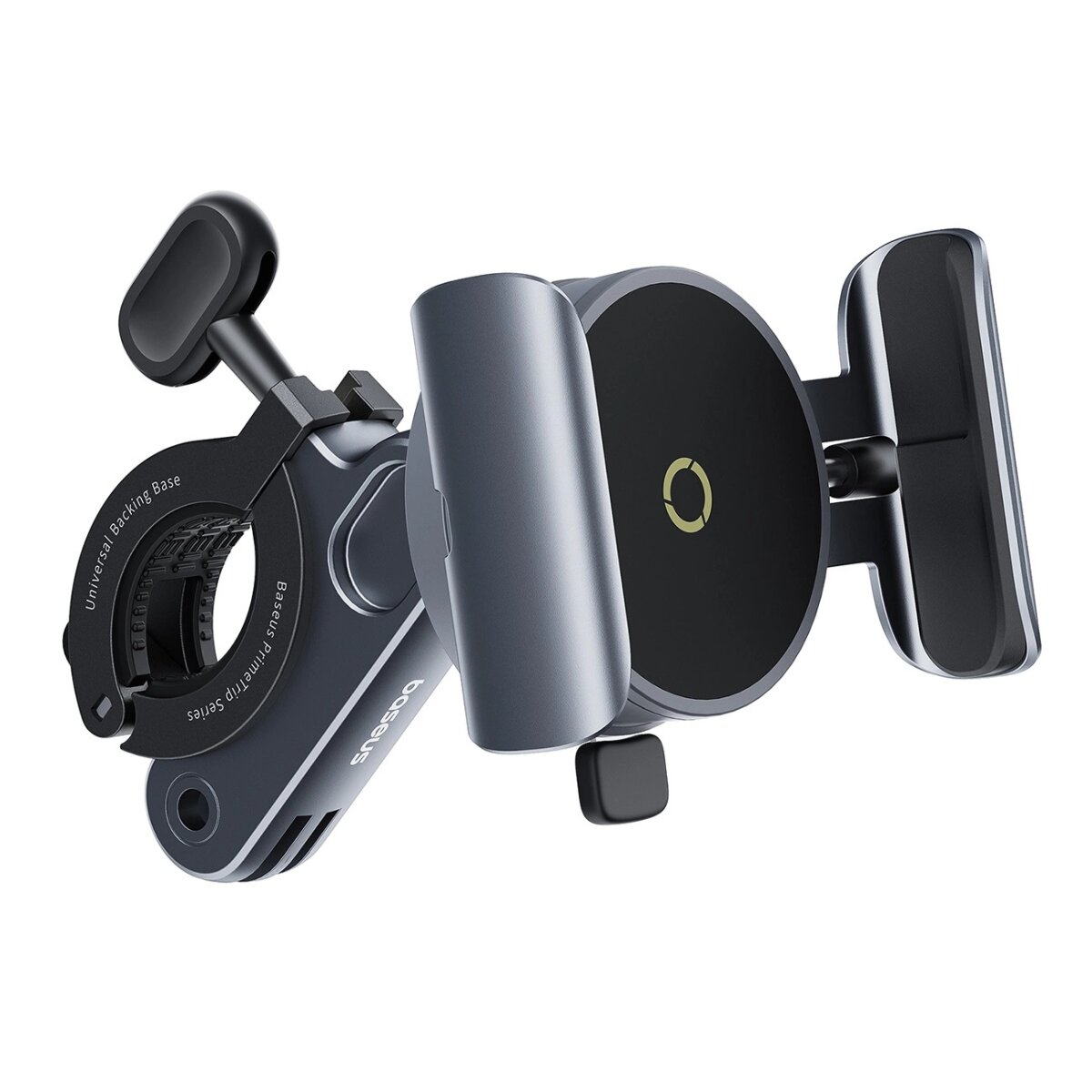 Supporto per telefono nero e grigio per bicicletta. Morsetto, base e supporto per telefono sono mostrati.