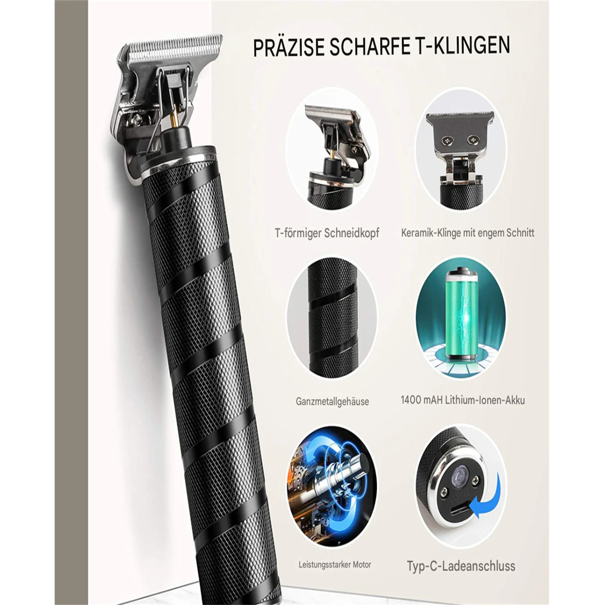 Schwarzer Haarschneider mit mehreren Aufsätzen, Nahaufnahmen von Klingen und Innenteilen, auf Weiß.