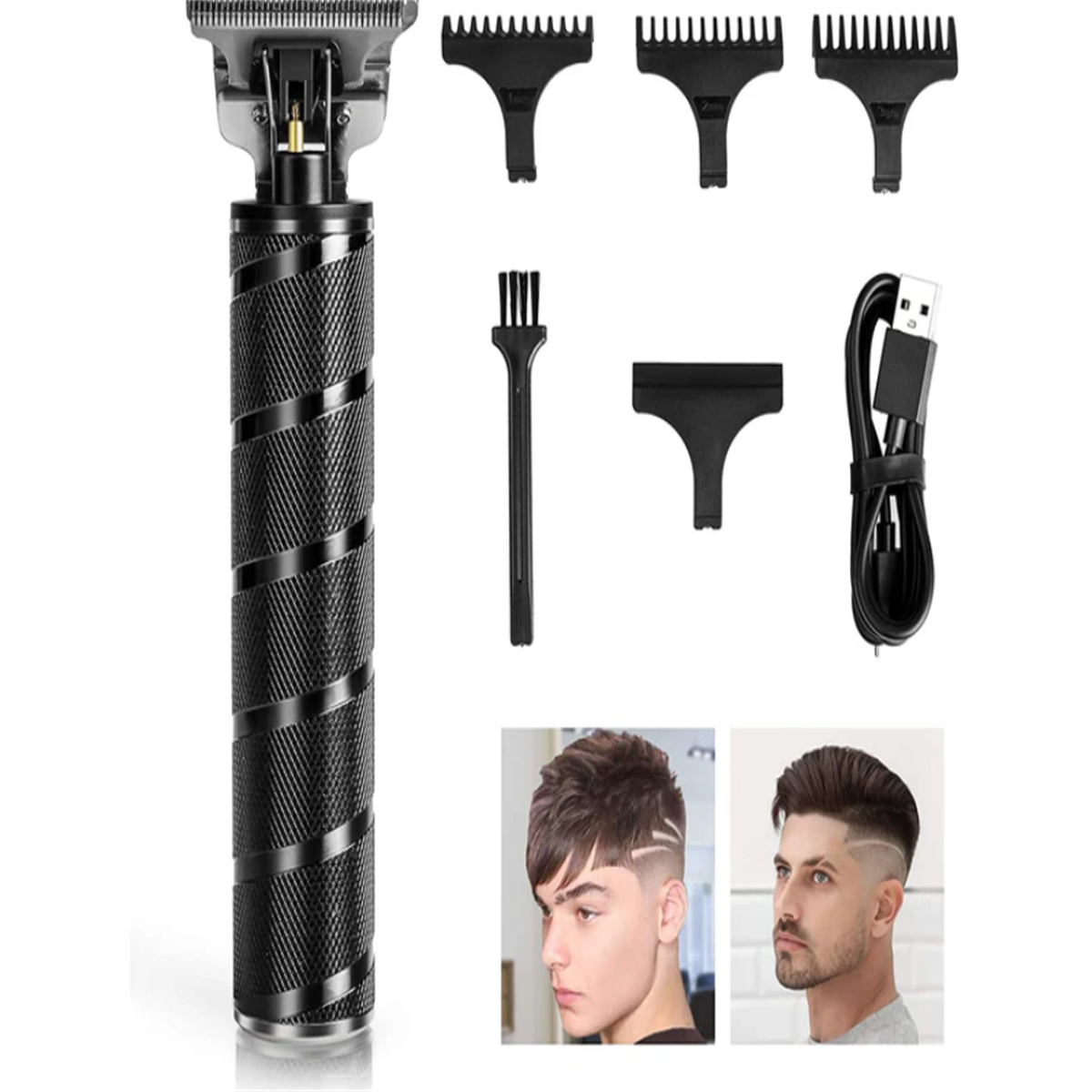 Schwarzer Haarschneider, Aufsätze und zwei Männer mit Frisuren.