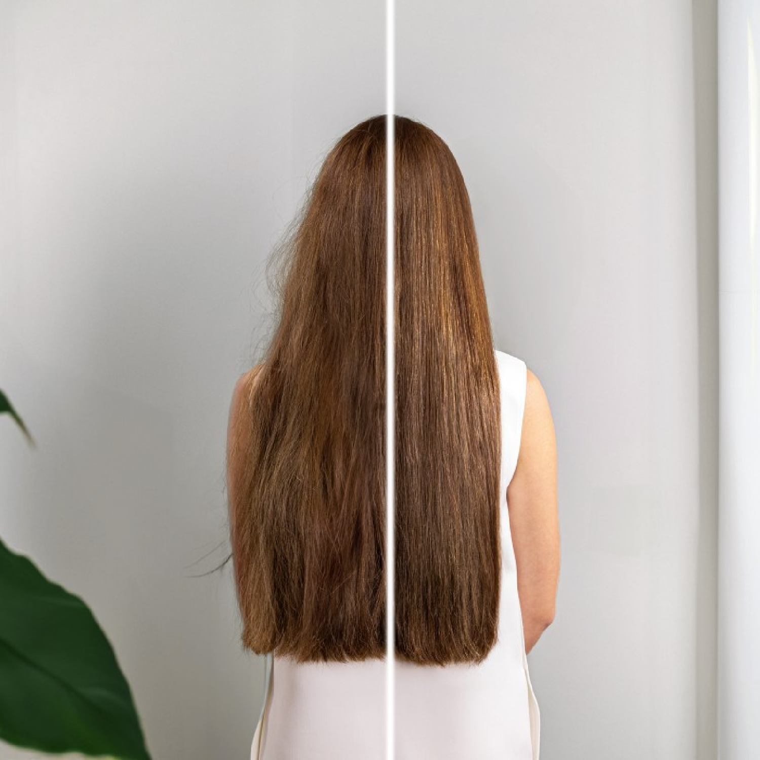 Haar van een vrouw, in het midden gesplitst. Linkerkant pluizig, rechterkant glad.