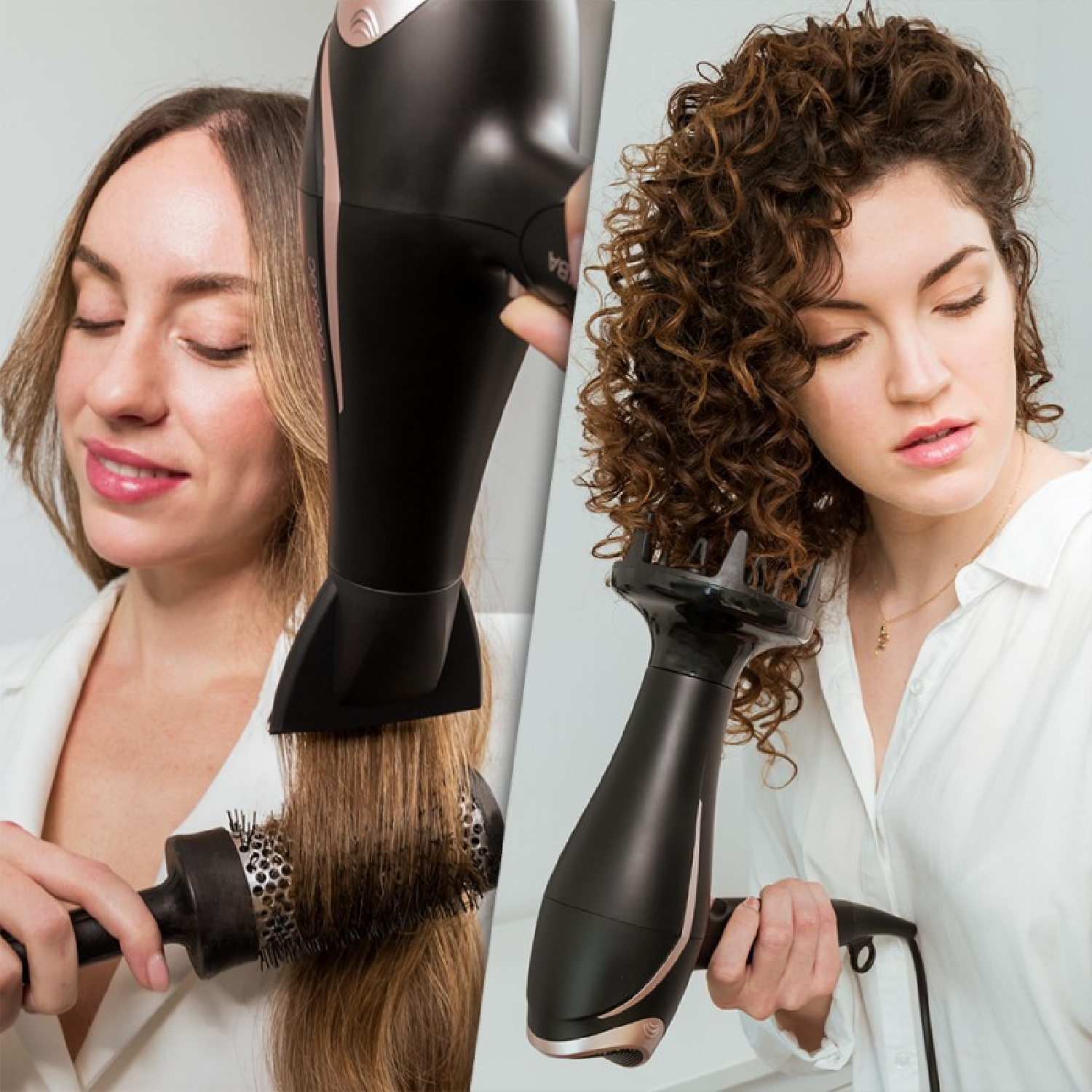 Twee vrouwen gebruiken haardrogers, een met een borstel, de ander met een diffuser, tegen een witte achtergrond.