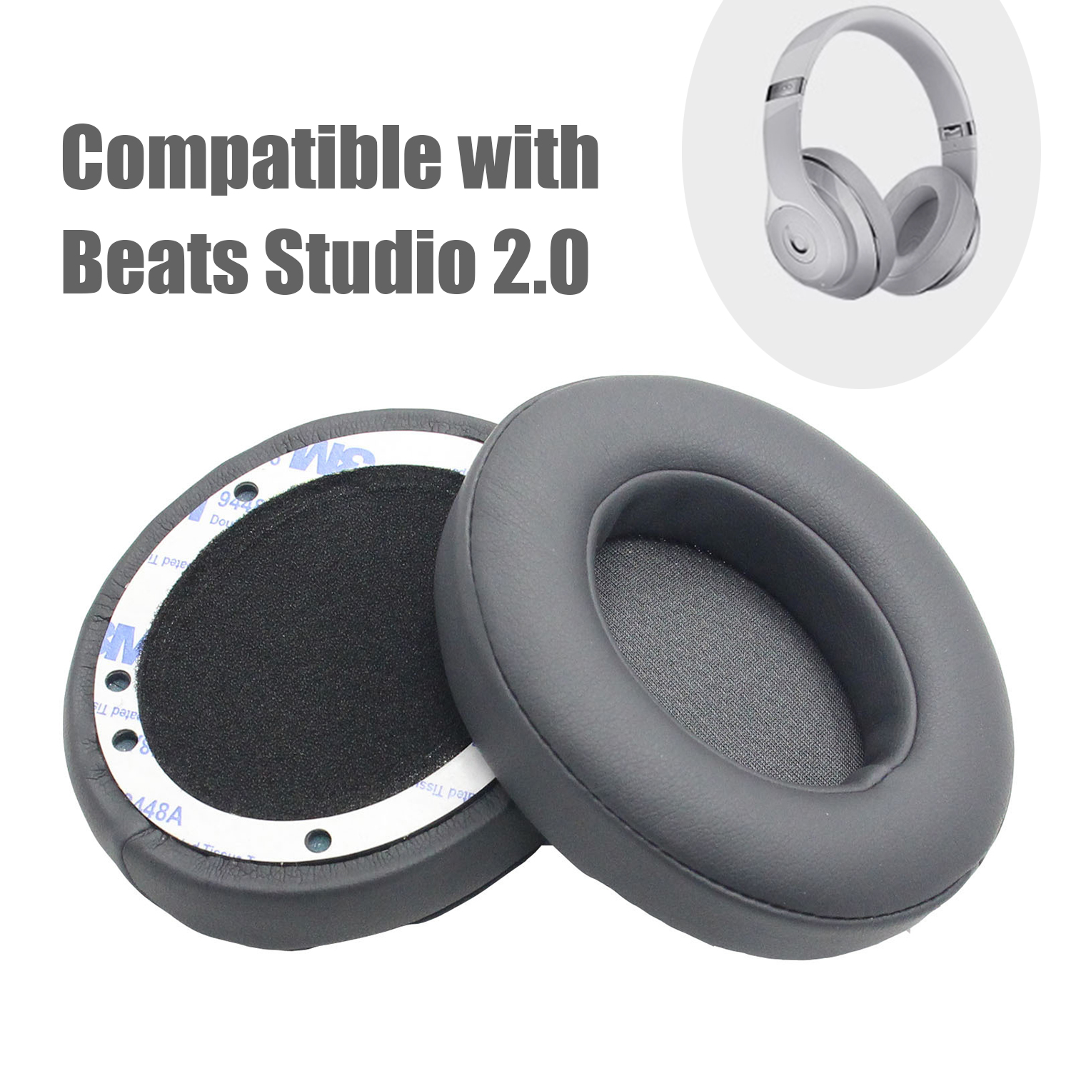 Dos almohadillas grises para auriculares Beats Studio 2.0, con respaldo adhesivo blanco expuesto.