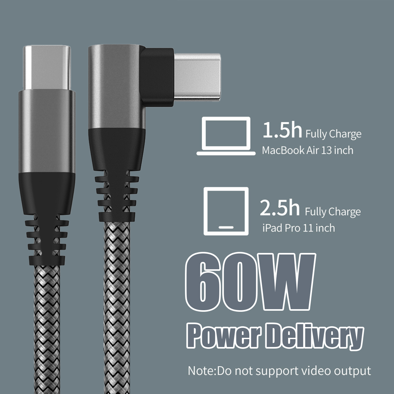 Nahaufnahme eines USB-C-Kabels mit zwei Anschlüssen. Der Text gibt an, dass es 60 W Stromversorgung unterstützt.
