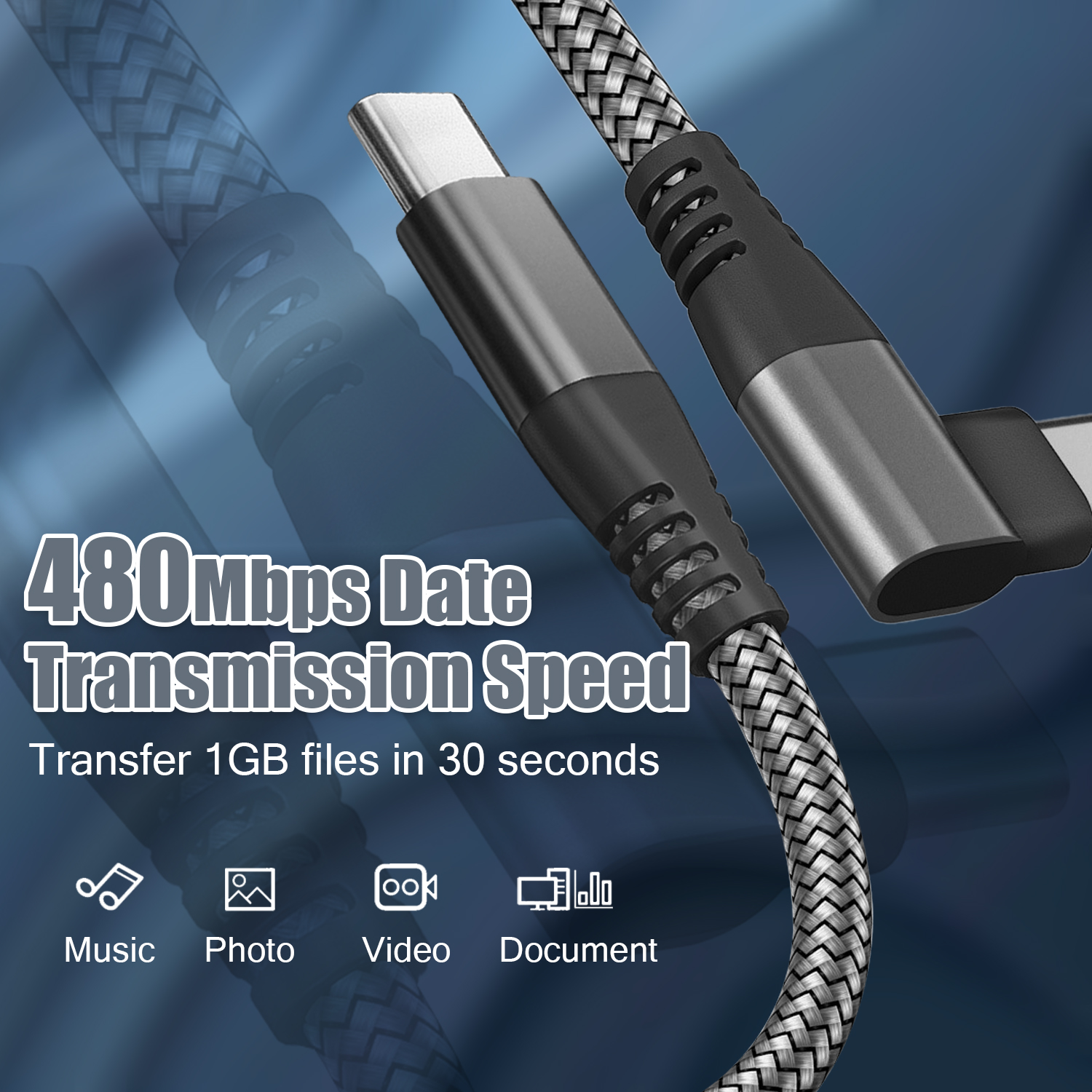 Nahaufnahme von USB-C-Kabeln. Text besagt '480Mbit/s Datenübertragungsgeschwindigkeit'.