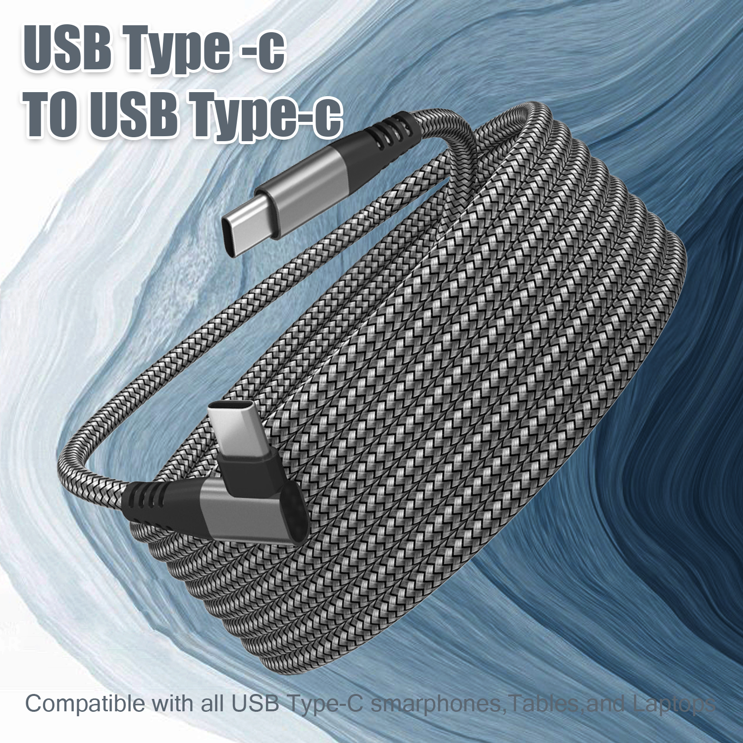 USB Typ-C zu USB Typ-C Kabel, aufgerollt. Schwarz und Grau. Blauer Hintergrund.