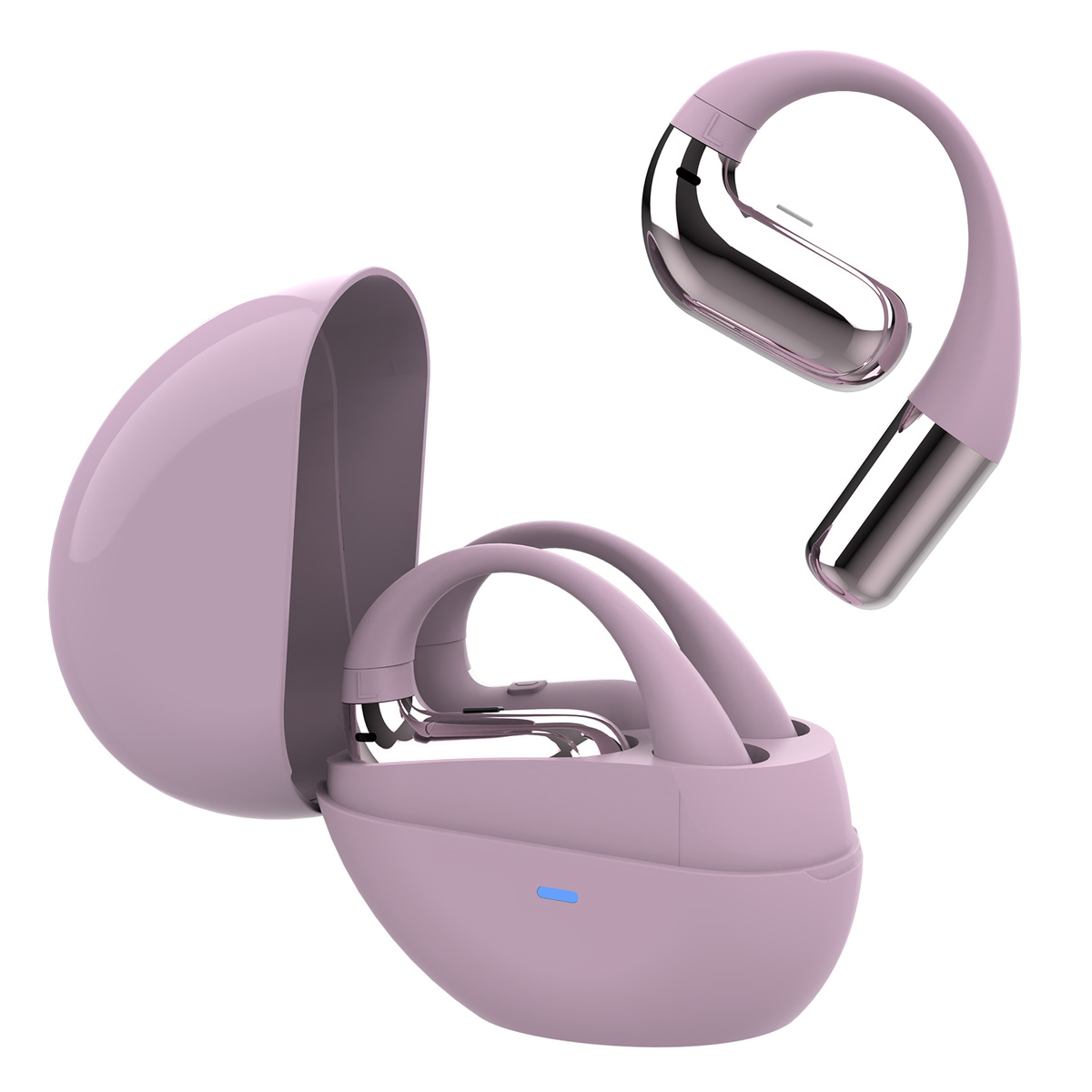 Auricolari rosa con custodia di ricarica. L'auricolare ha una finitura metallica argentata e un design curvo.