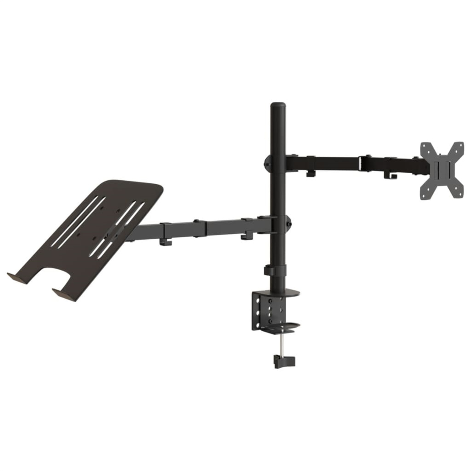 Schwarzer und silberner Monitorarm. Er ist an einem Schreibtisch befestigt und hält eine Laptopablage und einen Monitor.
