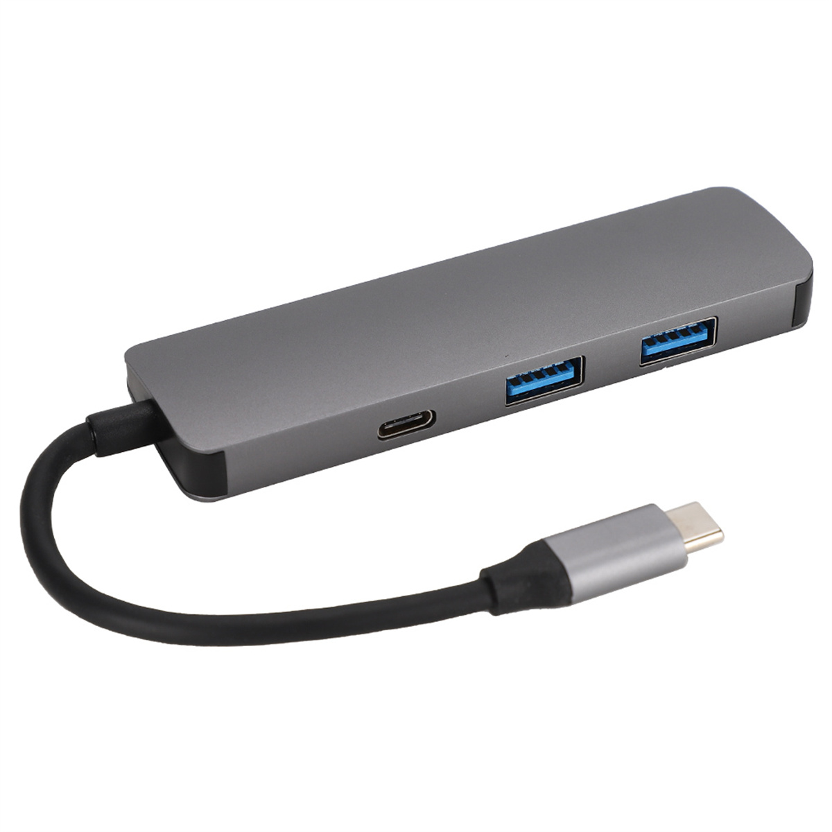 Ein grauer USB-C-Hub mit mehreren Anschlüssen, darunter USB-A und ein USB-C-Anschluss.