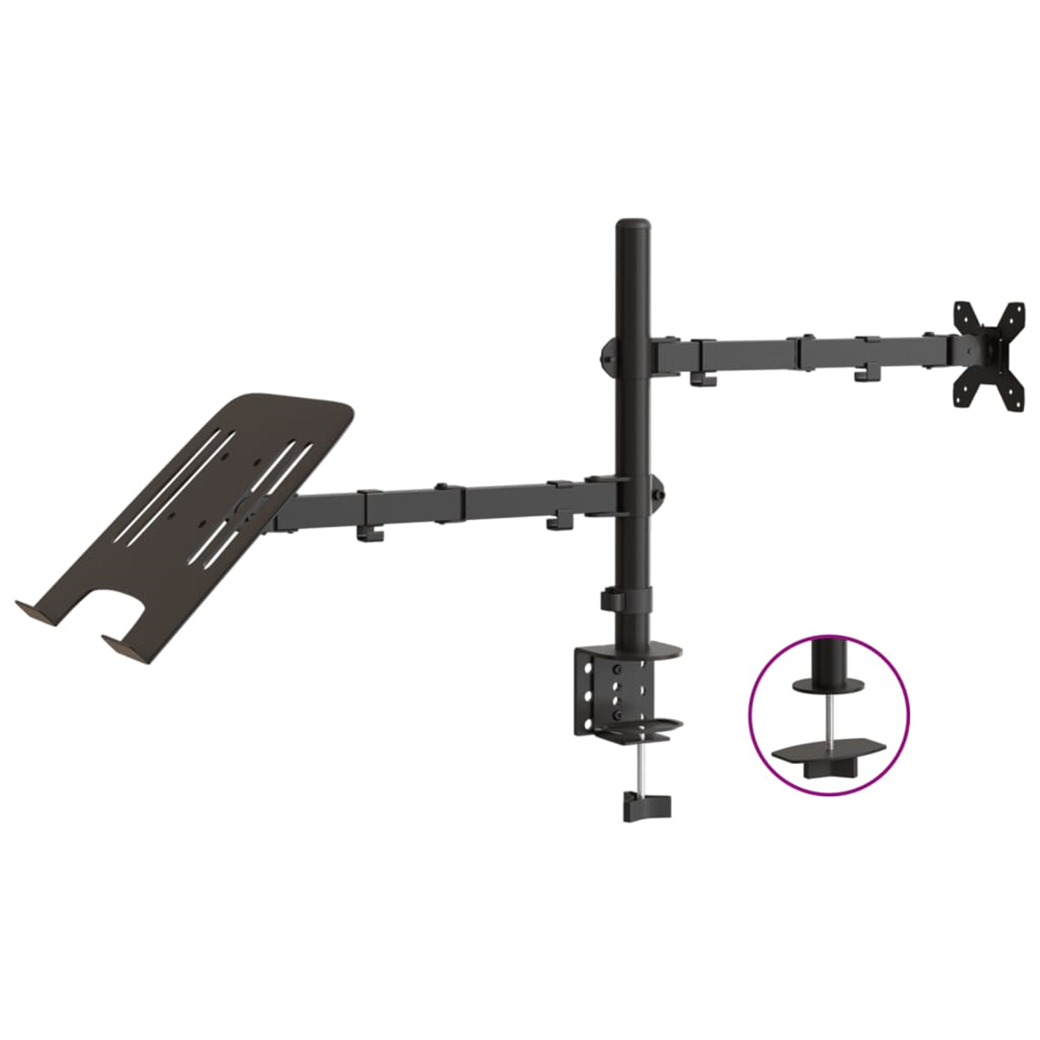 Schwarze Dual-Monitorhalterung mit Laptop-Ablage. Es hat eine Klemme zur Befestigung.