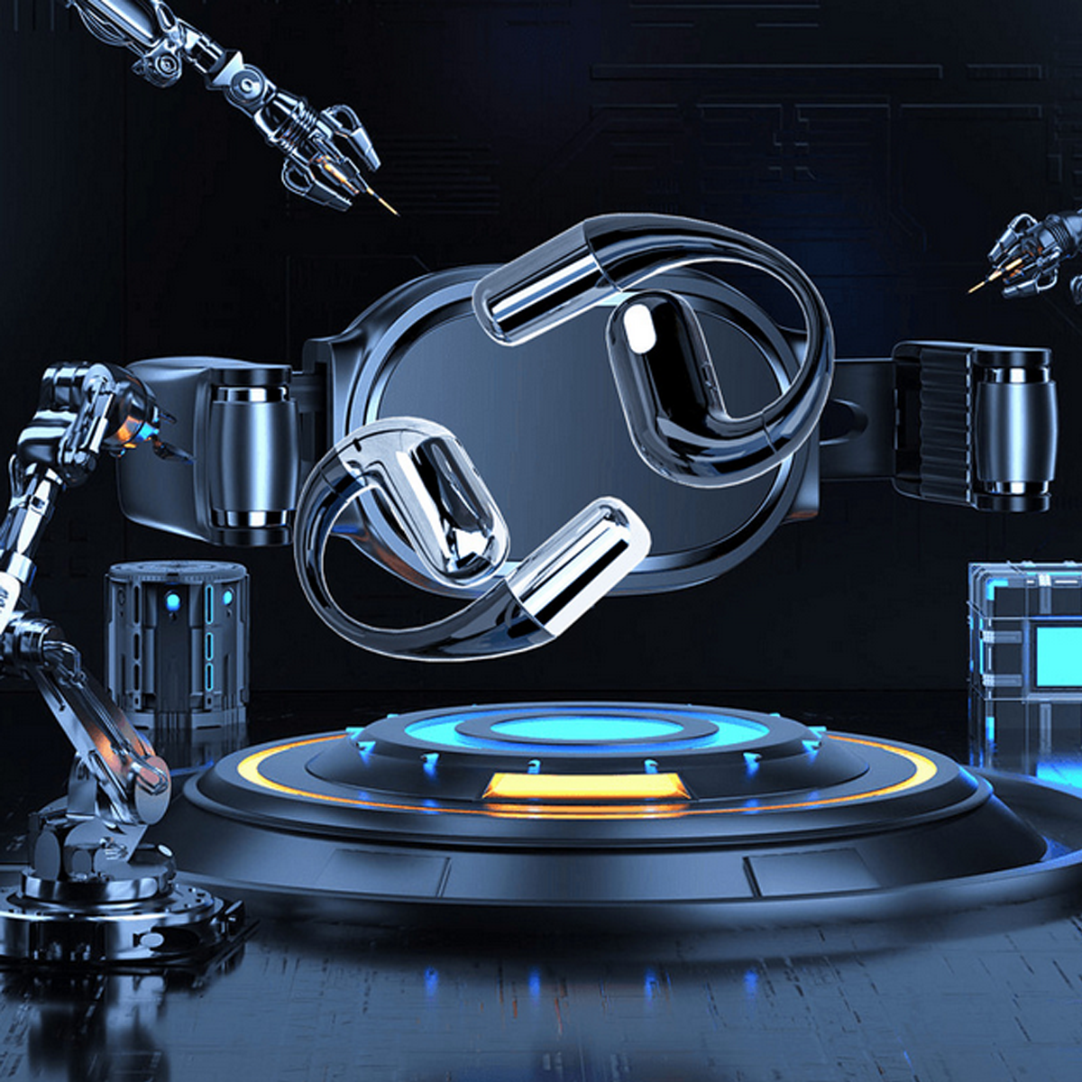 Bracci robotici assemblano un visore VR su una piattaforma con luci blu e gialle. Ambientazione futuristica.