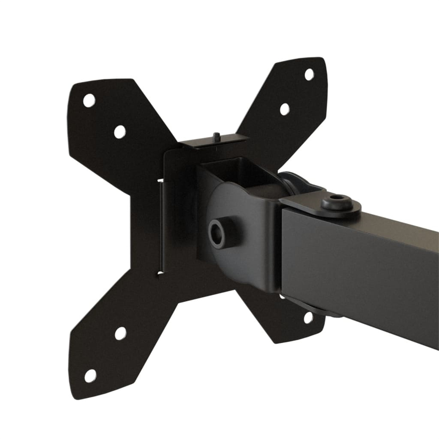 Eine schwarze Monitorhalterung mit Metallrahmen und Montageplatte.