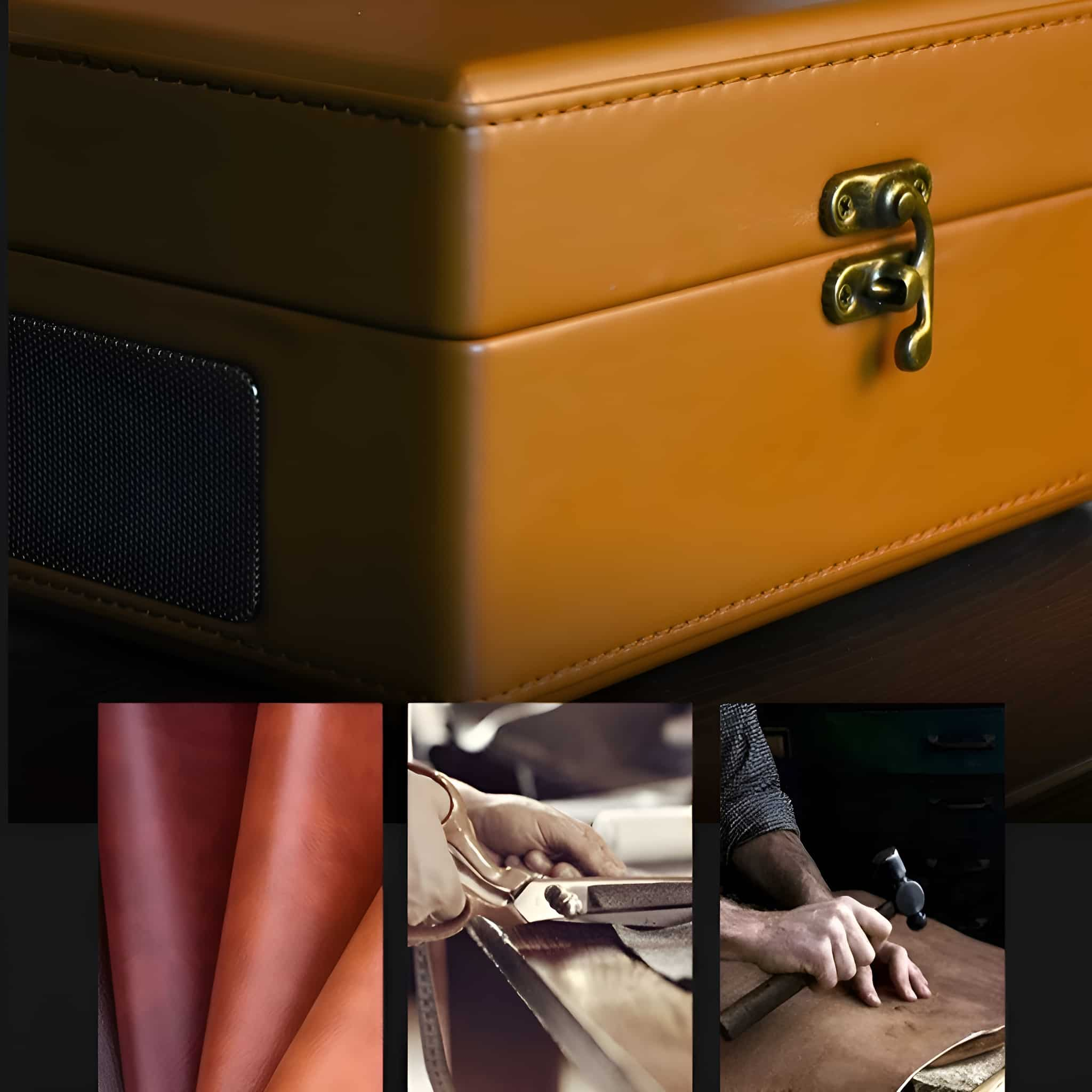 Braune Lederbox mit Verschluss. Lederproben und Hände eines Handwerkers.