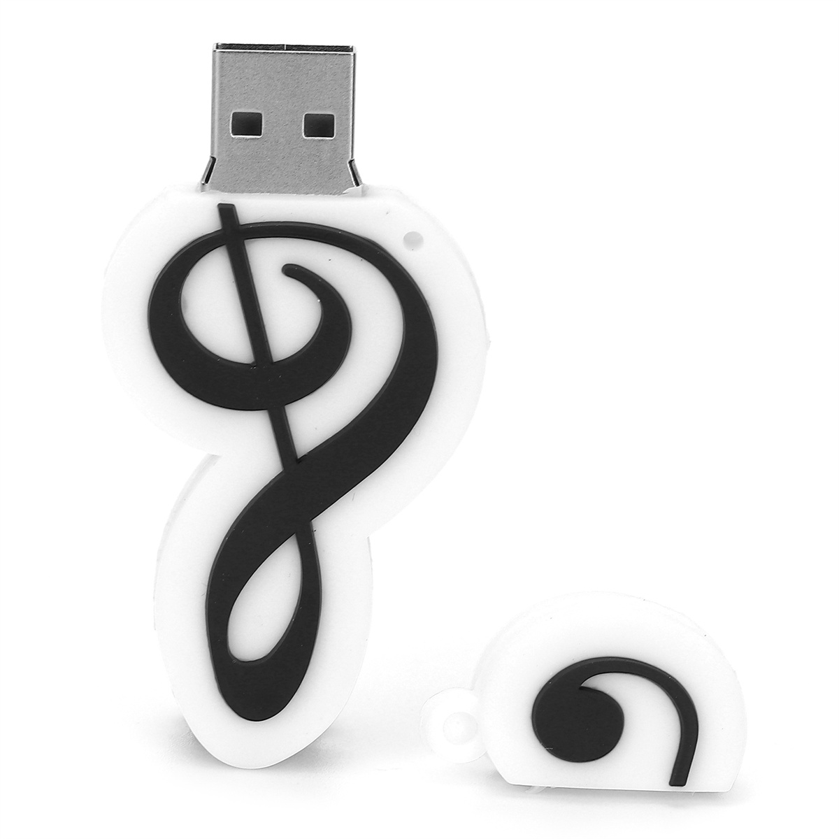Ein weißer USB-Stick in Form einer Musiknote, mit der Kappe daneben.