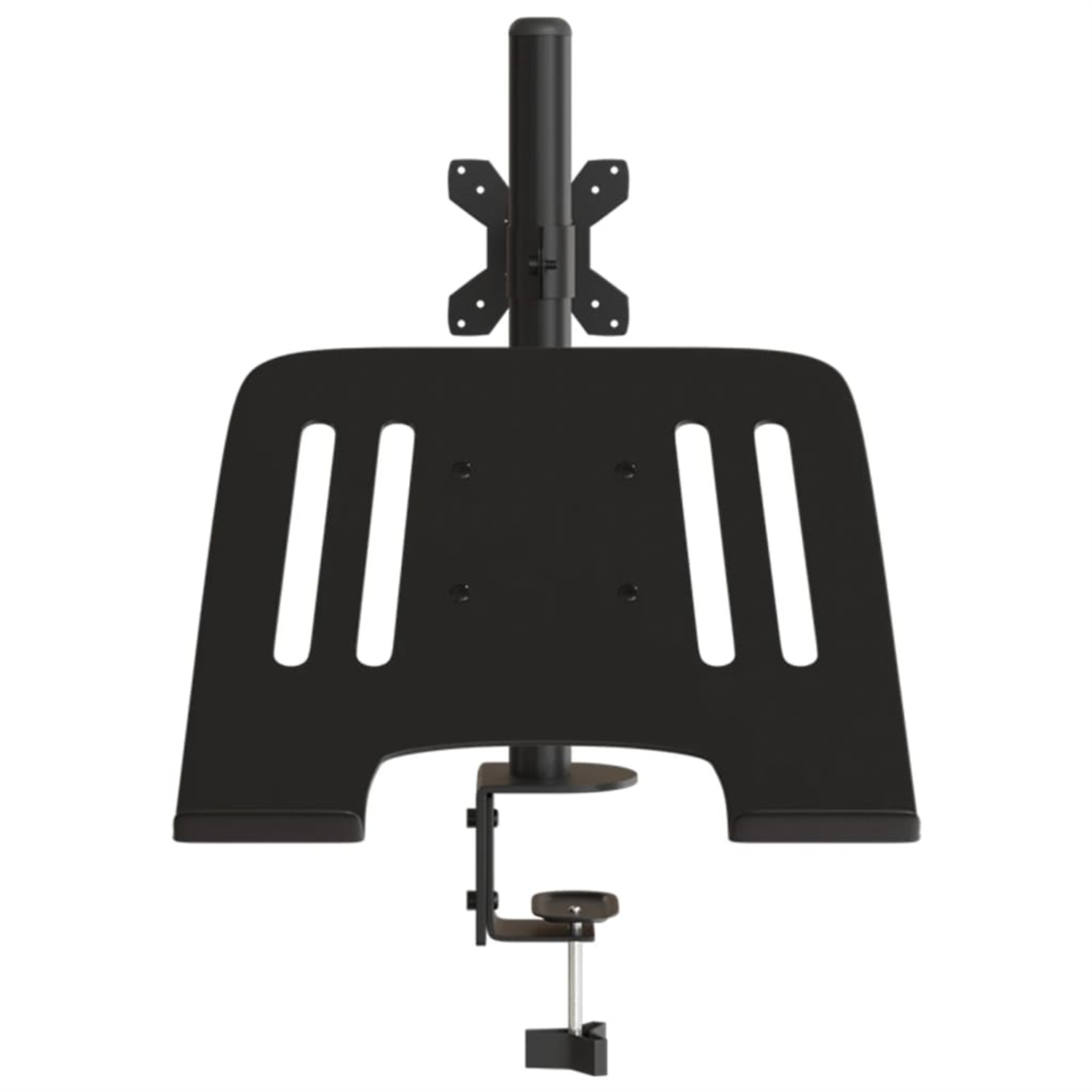 Eine schwarze Monitorhalterung mit verstellbarer Platte und Klemmfuß, für die Schreibtischmontage.