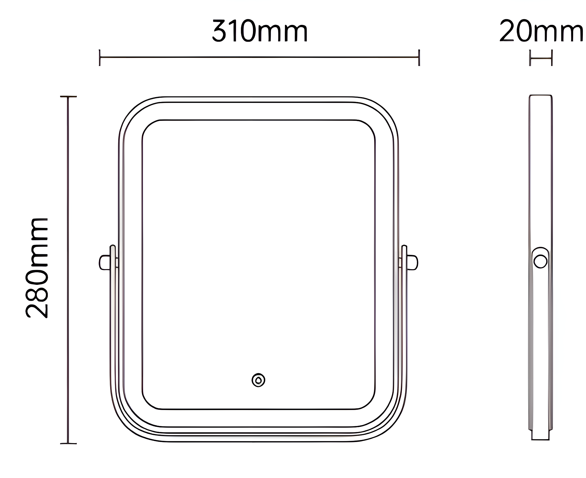 Quadratischer Spiegel mit Millimeter-Abmessungen. Drei Ansichten: vorne, Seite, oben.