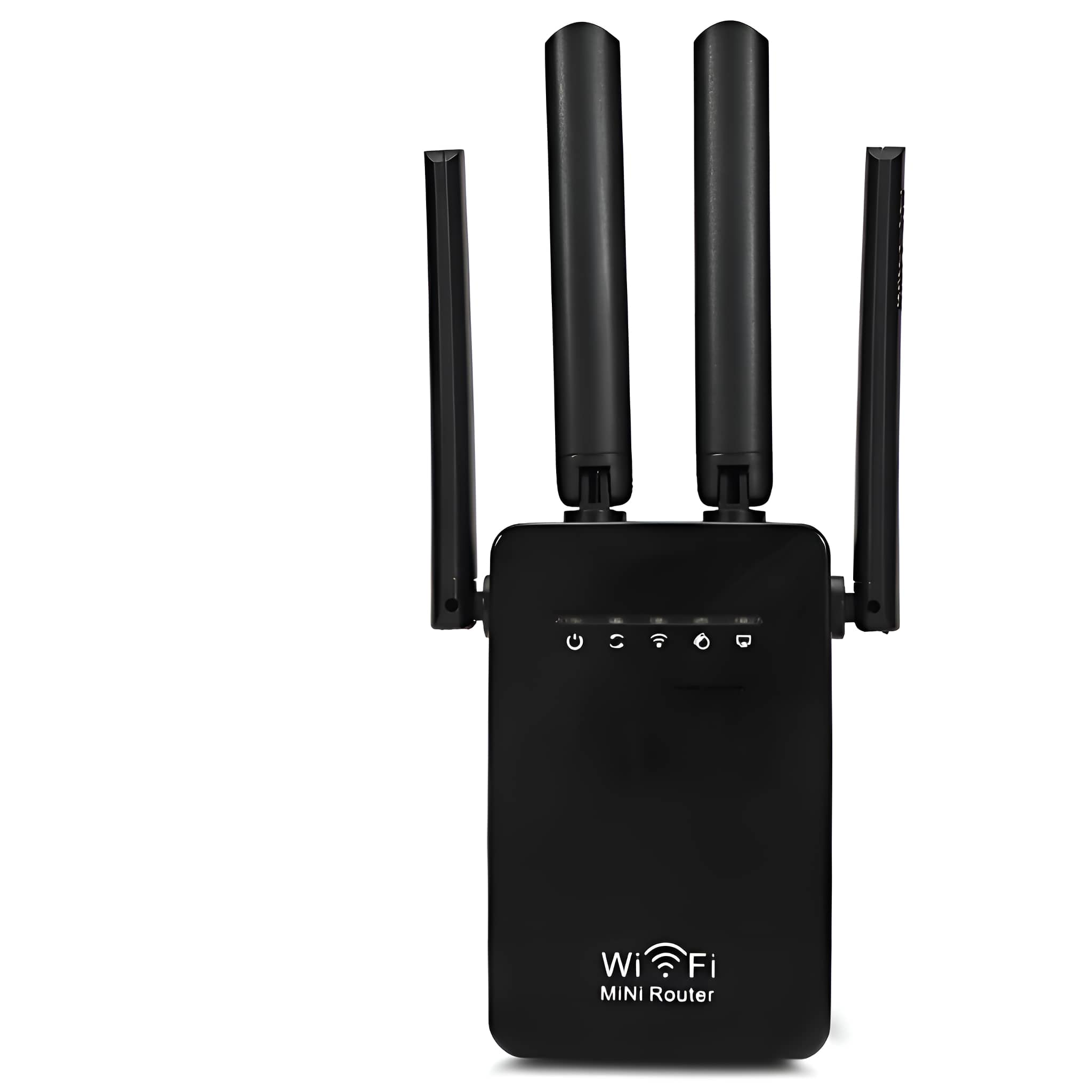 Schwarzer WiFi-Mini-Router mit Antennen auf weißem Hintergrund.