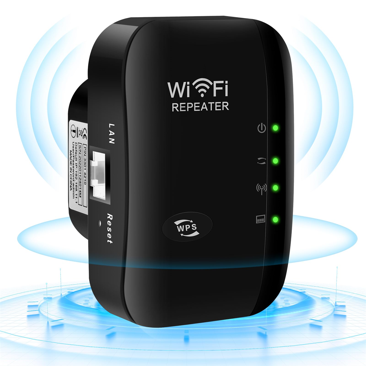 Schwarzer WLAN-Repeater mit Kontrollleuchten und LAN-Anschluss, vor blauem Schein.