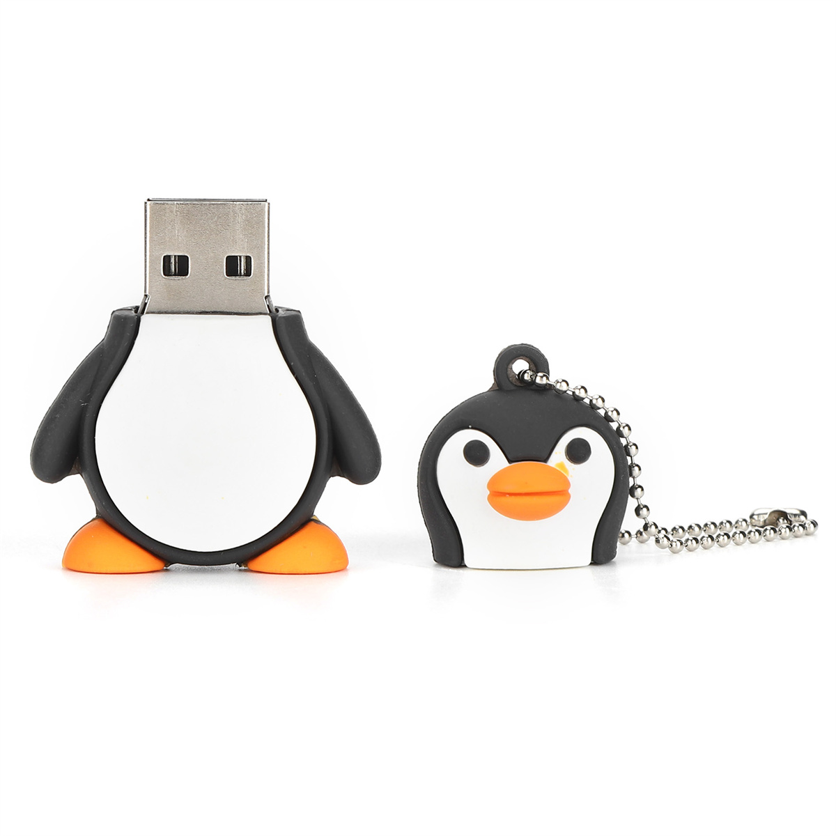 Zwei pinguinförmige USB-Sticks. Einer mit Kette. Schwarz, weiß und orange.