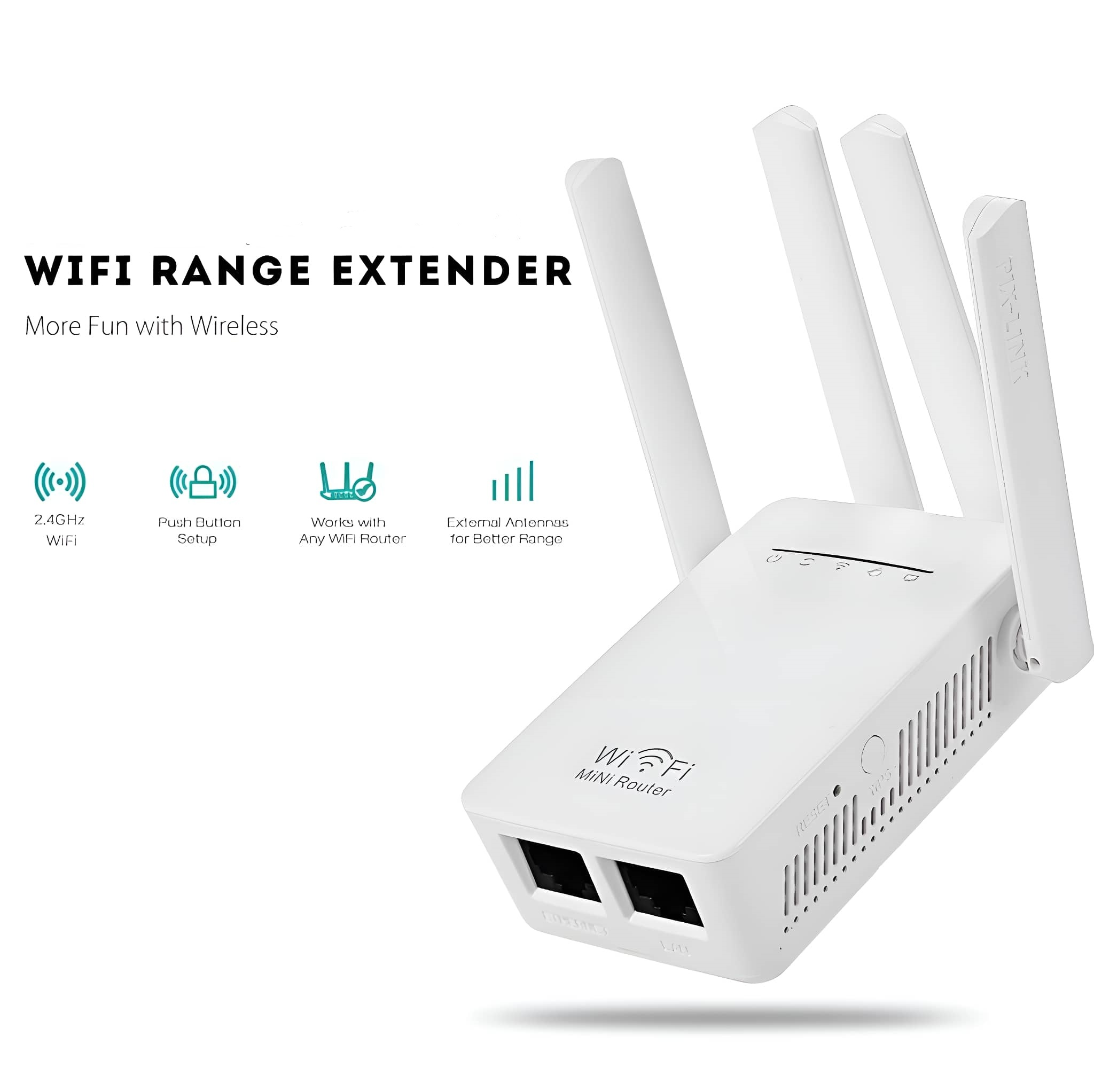Weißer WLAN-Repeater mit drei Antennen. Der Text lautet 'WLAN-Repeater' und 'Mehr Spaß mit Wireless'.